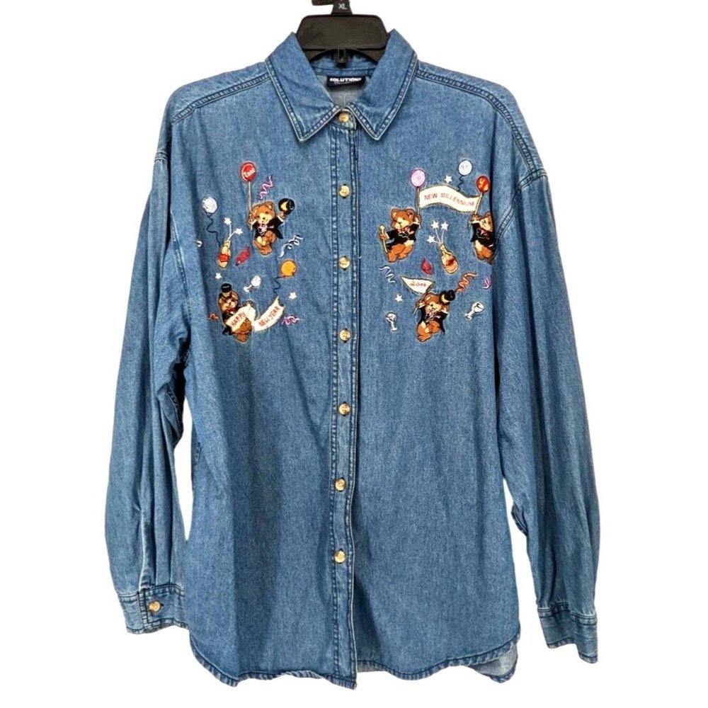 Y2K Jean button up collared shirt 2000 sz xl Vintage Chambray Celebration New Ye